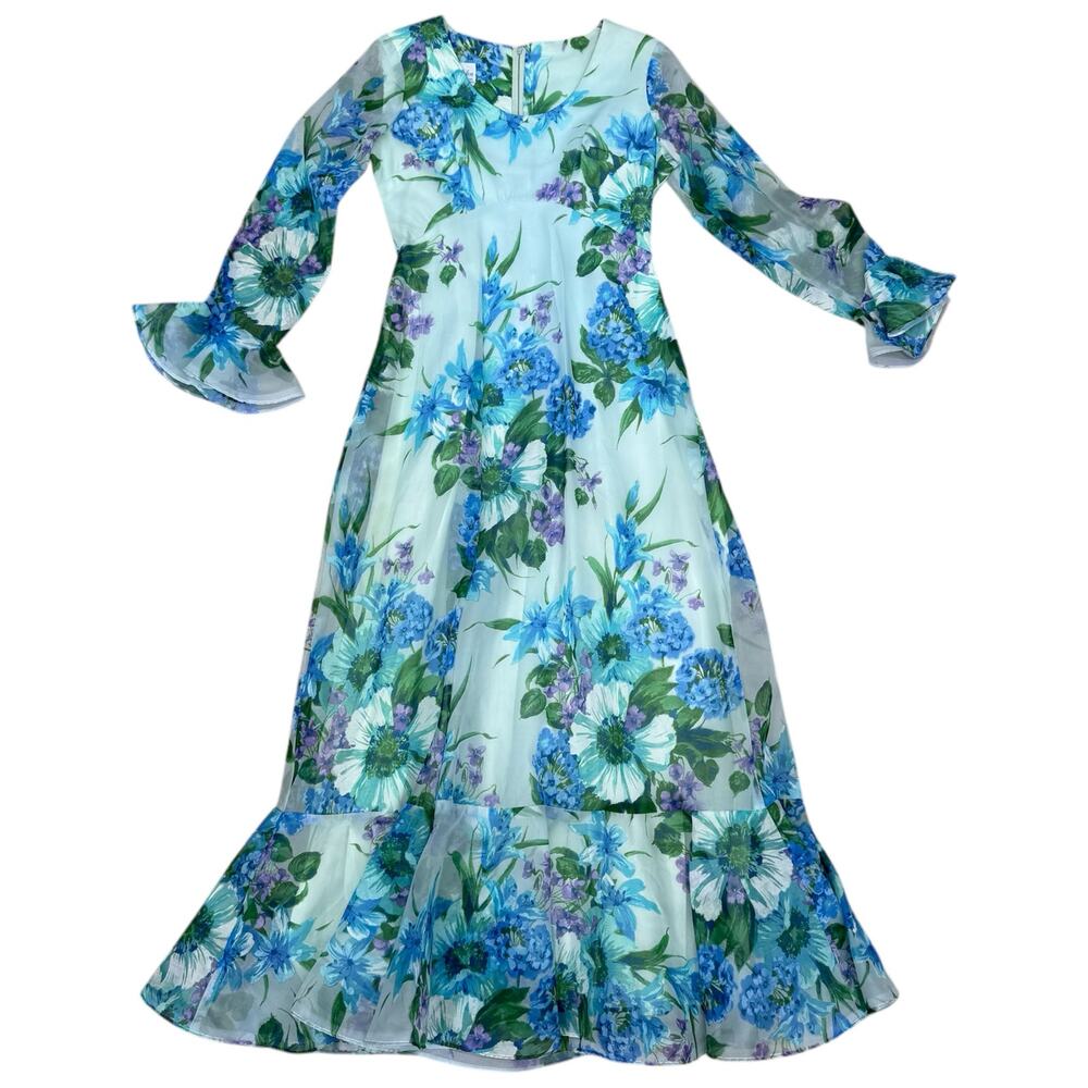 Vintage 70s Long Blue Floral Gown Avalon Classics Size 12 Maxi Long Sleeve Dress